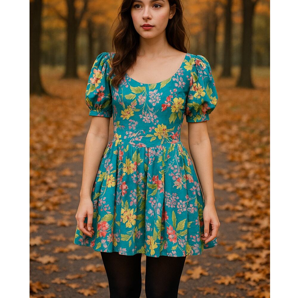 Vintage Laura Ashley 8 Floral Puff Sleeve Mini Dress Fit&Flare Great Britain UK